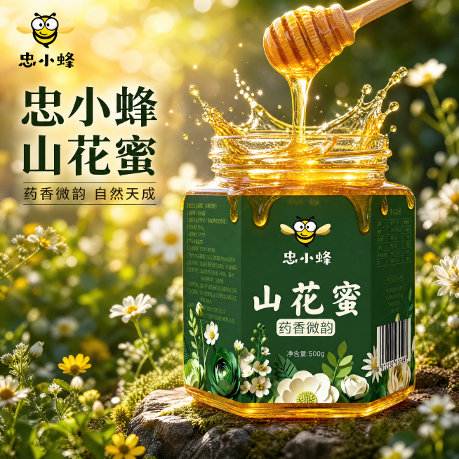 [主图-1] 山花蜜产品食欲感首图
[氛围风格] 自然户外场景，浓郁的食欲感与天然氛围
[画质] 商业摄影质感、光线柔和通透、产品清晰真实、画面干净高级
[元素] 忠小蜂山花蜜玻璃瓶居中放置，蜂蜜正在预览效果