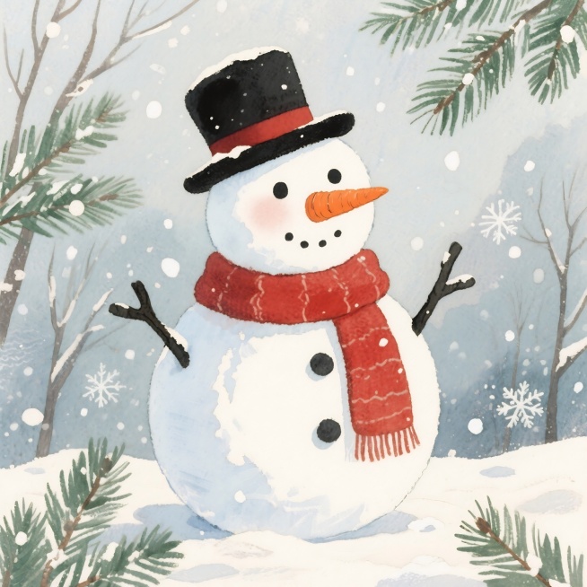 水彩风格的圣诞雪人，戴着红色围巾和黑色礼帽，鼻子是橙色胡萝卜，身体由三个大小不一的雪球组成，背景有飘落的雪花和绿色松枝，整体色调温暖柔和，笔触自然流畅，充满冬日节日氛围预览效果