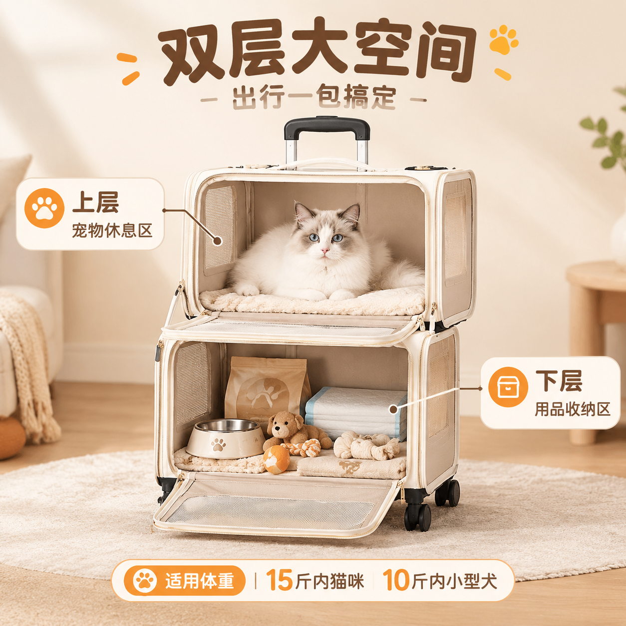 [主图-5] 大容量展示 宠物双层拉杆包内部空间和使用状态 [… - 图片创意预览
