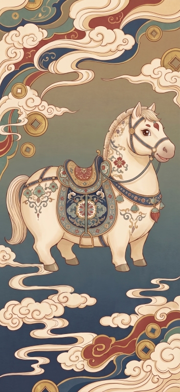 将这张马图改成萌趣Q版风格，保留原有的传统纹样和祥云铜钱背景，马儿身材圆润可爱，保持国潮插画风格预览效果