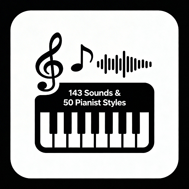 简约风格icon，内容为143 Sounds & 50 Pianist Styles，融合钢琴、音符、音频波形等音乐元素，设计简洁清晰，适合作为功能标识