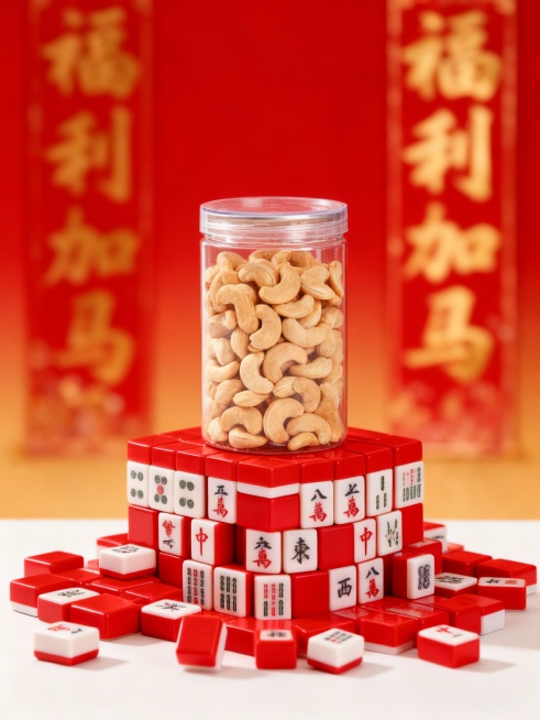 红色麻将随意堆叠成创意展台，主体摆放在麻将展台上（主体占画面比30%，正面视角），红金渐变背景（“福利加马”鎏金字体对联点缀，虚化），自然光影，高饱和喜庆感配色，保证溶图效果。预览效果