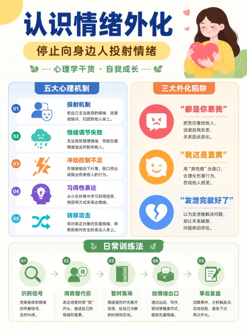 简约明亮风格心理学知识科普海报，画面整体色调为明亮色系，版式精美清晰。主标题为"认识情绪外化"，副标题为"停止向身边人投射情绪"，装饰文案为"心理学干货 · 自我成长"。左侧分区展示五个心理机制：①投预览效果