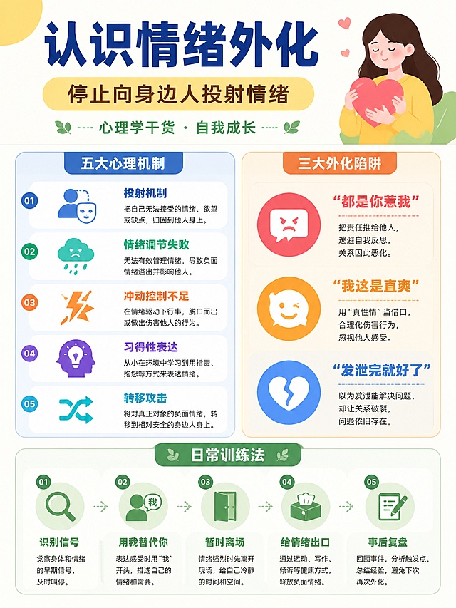 简约明亮风格心理学知识科普海报，画面整体色调为明亮色系，版式精美清晰。主标题为"认识情绪外化"，副标题为"停止向身边人投射情绪"，装饰文案为"心理学干货 · 自我成长"。左侧分区展示五个心理机制：①投射机制②情绪调节失败③冲动控制不足④习得性表达⑤转移攻击；右侧分区展示三大外化陷阱："都是你惹我"、"我这是直爽"、"发泄完就好了"；底部展示日常训练法要点：识别信号、用我替代你、暂时离场、给情绪出口、事后复盘。整体画面简约干净，层级分明，信息清晰可读，比例为3:4，超高清画质。