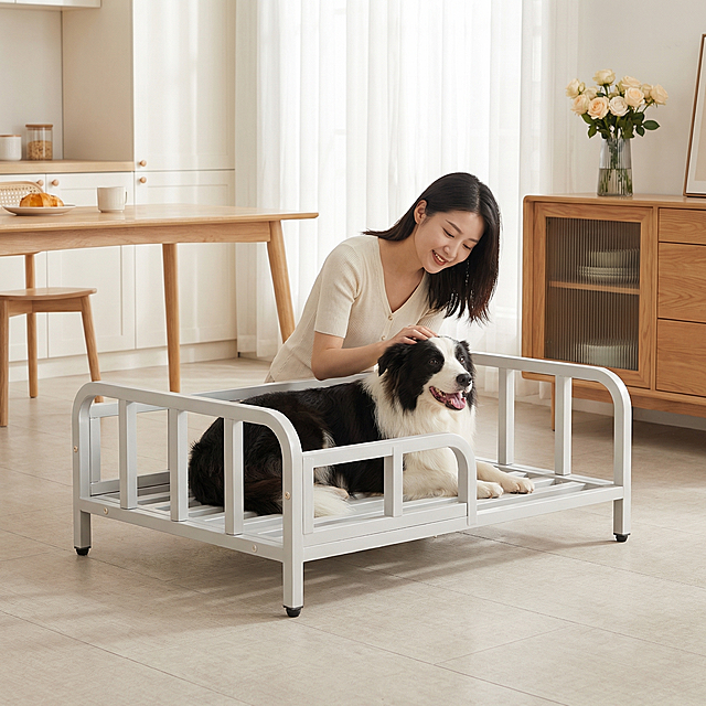 浅灰色金属框架狗床，保持原产品物理结构绝对不变，床下面没有轮子，床腿没有额外东西，床上没有床垫。产品主体不变形不扭曲。
居中平视构图，狗床放置在浅色系开放式餐厅的亚麻地砖上，背景是浅原木餐桌和餐边柜，明亮温馨小清新家庭氛围。
床上趴着一只开心的边牧，年轻东亚女孩弯腰站在旁边温柔抚摸狗狗，神态自然。
柔和厨房自然光漫射，整体低对比度奶白色调，阴影极淡，画面干净通透。
餐边柜上摆一瓶淡色玫瑰，阳光透过白纱帘，氛围温馨生活感满满。
淘宝主图摄影，8K高清，小清新治愈风格。保持 1:1 画面比例。