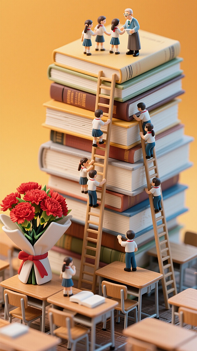 一堆巨大的书本凌乱交错堆叠放在一张巨大的课桌上，书本和书本的交叠处有一把一把的小梯子，老师带着一群学生爬梯子，背景是橙黄色，课桌边上有一束包装精美的红色康乃馨。