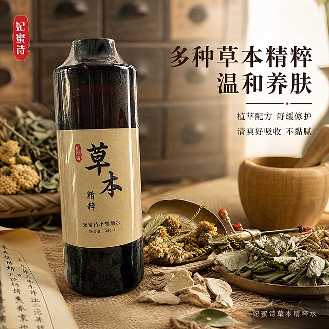 [主图-1] 草本植萃护肤水首图，中药国风调性，突出多种草本萃取与温和养护。
[统一基调] 中药国风草本风格，主色为深棕、米黄、草木绿，背景为中式药柜、干草药、麻布、卷轴等中药元素，暖调自然光，字体为干净宋体，标题深棕色，辅助文字深褐色，强调色朱砂红，整体温润有质感，小红书原生感，不做硬广风。
[画面] 产品瓶身居中偏左，占画面约55%，瓶身保持深褐色液体、牛皮纸标签、妃蜜诗小陶菊水字样与外观完全一致，真实摄影质感。右侧与底部散落多种干草本植物（菊花、艾草、甘草、桑叶等）、竹制药碾、麻布垫、古铜小秤、卷轴一角，背景虚化的中式中药柜抽屉。左上角放同款品牌红色印章Logo。产品底部有自然接触阴影，不悬浮。
[光影质感] 窗边柔和自然光，左上方主光，右侧柔和补光，瓶身有自然高光反射，草本植物纹理清晰，整体暖调温润，商业静物摄影质感。
[配色] 深棕、米黄、草木绿为主，朱砂红点缀Logo与重点文字，背景中药柜深木色虚化。
[文字版式] 主标题在右侧上方，大号宋体"多种草本精粹 温和养肤"，下方两行小字"植萃配方 舒缓修护""清爽好吸收 不黏腻"，右下角小字"妃蜜诗草本精粹水"。文字放在负空间，不遮挡瓶身主体，清晰可读。
[输出要求] 1:1正方形，产品清晰不变形，文字清晰无错字，背景中药风格自然融合，无水印无平台Logo，无化学成分名称，无生产厂家信息，无夸张功效承诺。