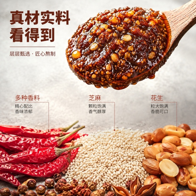 [主图-2] 鼎香坊精品辣酱核心成分展示；
[氛围风格] 真实食材质感，通透诱人食欲风；
[画质] 商业摄影质感，微距细节清晰，食材干净新鲜，光影层次丰富；
[元素] 画面分上下构图，上半部分是舀满辣预览效果