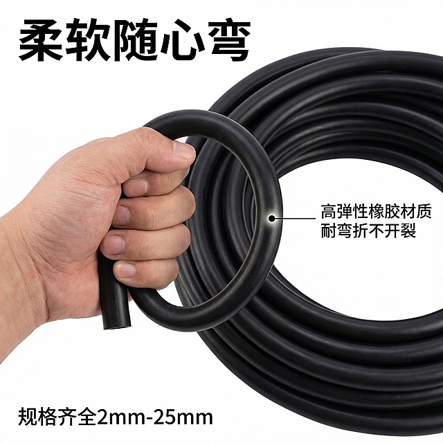 基于原图生成黑色橡胶软管电商主图，保持产品外观与原图一致，简约工业风，纯白色统一底色，特写展示橡胶软管柔软弯曲的特性，一只手握住软管弯折处展示柔韧性。左上角主标题"柔软随心弯"，右侧用细引线标注管身，引线末端带光点，文字标注"高弹性橡胶材质 耐弯折不开裂"，左下角添加卖点文字"规格齐全2mm-25mm"，所有文字均为黑色无衬线体，不遮挡产品主体。