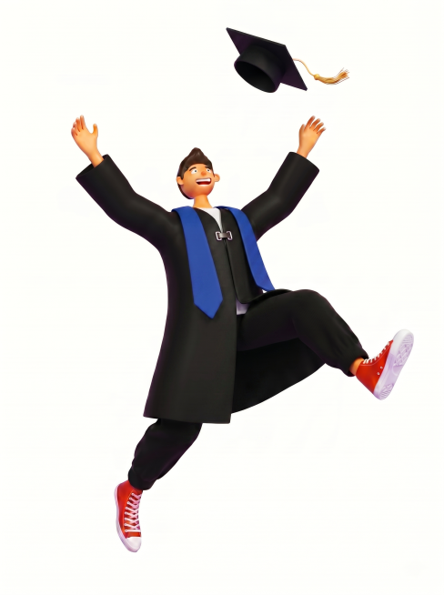 将空中飞起的毕业帽修改为黑色，将学士服胸前修改为扣起来的样式，保持其他部分姿势、表情、颜色、风格不变，保持原有3D卡通C4D渲染风格不变预览效果