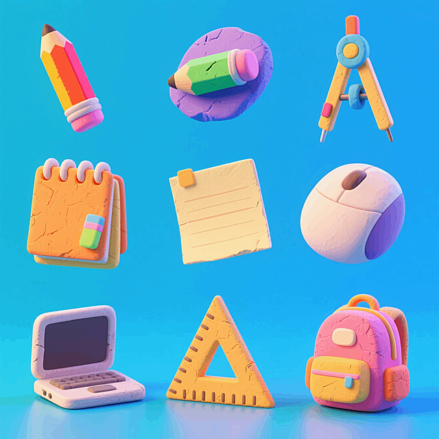 立体图标，铅笔，蜡笔，圆规，笔记本，便签，鼠标，电脑，三角尺，书包、以纯色蓝色背景呈现