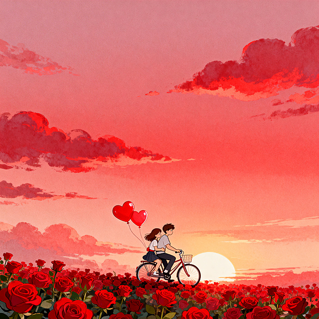 红色玫瑰花海，一对情侣正在骑自行车，女孩坐在后座搂抱男孩腰部，自行车后座有红色爱心气球，整体为红色渐变背景，天空是夕阳渐变红色云彩，云彩分布自然，情侣在画面中下方占八分之一，画风唯美可爱，高清晰画质