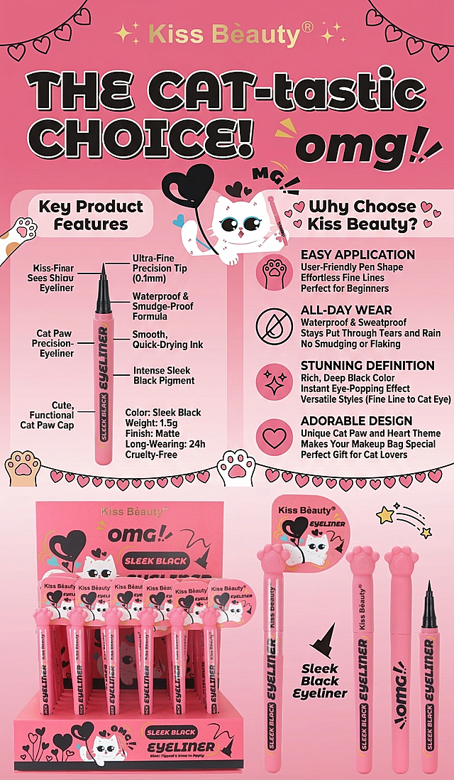 参考原图产品，生成Kiss Beauty小猫爪眼线笔的信息图，图文结合展示产品参数、尺寸和核心优势，说明为什么选择这款产品，所有文字转换为英文，保持可爱粉色猫咪风格，清晰易读