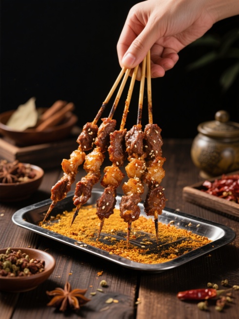 一只手正拿着多串羊肉串悬于黑色金属托盘上方，托盘内铺满金黄色的孜然和辣椒粉，羊肉串肉质鲜嫩，表面烤得焦香微焦，油光锃亮，撒有芝麻和调料，背景是深色木质桌面，摆放着装有八角、花椒等香料的小碗和复古调味罐，整体暖色调，光影对比强烈，营造出浓郁诱人的美食氛围，具有高质感的写实摄影风格，突出羊肉串的鲜嫩多汁和烧烤的香气。预览效果
