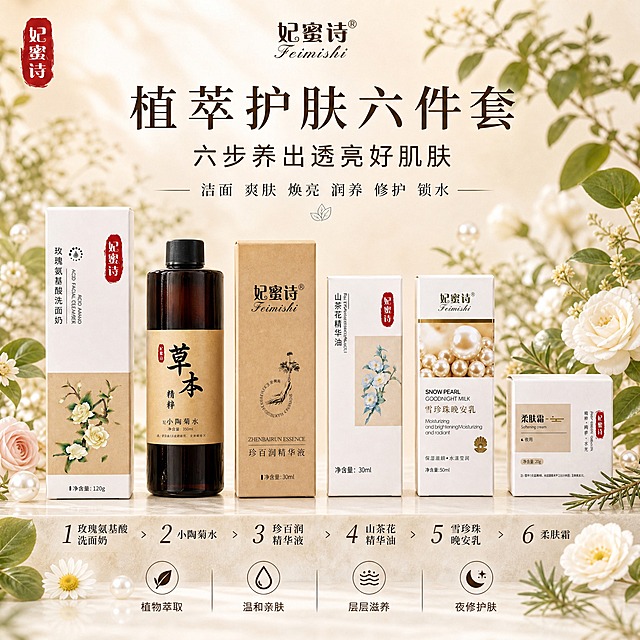[单张主图] 妃蜜诗植萃护肤六件套 高级氛围感主图 淘宝天猫1:1方图 六件产品按调整后的护肤顺序排列 精华液在精华油前面 展示完整六步护肤流程

[画面主体] 六件护肤产品按使用顺序从左到右阶梯式错落排列 高度依次起伏形成优美节奏 顺序为 1玫瑰氨基酸洗面奶 2小陶菊水 3珍百润精华液 4山茶花植萃精华油 5雪珍珠晚安乳 6柔肤霜 产品外观包装颜色材质Logo与输入产品图完全一致 小陶菊水为深棕色玻璃瓶配黑色瓶盖 米黄色牛皮纸标签 珍百润精华液为牛皮纸盒装 山茶花精华油为白色盒装带蓝色山茶花图案 主体占画面约58% 居中偏下放置 产品立在浅米色石材台面上 底部有自然柔和的接触阴影

[构图版式] 采用中轴诗意氛围型版式 顶部居中放品牌Logo 六件产品按顺序横向阶梯排列 上方大标题 底部步骤序号和轻图标卖点 整体对称中带错落感 留白充足 高级静物摄影质感 六件产品间距均匀 视觉平衡

[场景元素] 背景为浅米白到浅杏色的柔和渐变 背景虚化处点缀少量真实草本植物元素 山茶花花瓣 积雪草叶片 珍珠 洋甘菊小雏菊 玫瑰花枝 迷迭香枝条 分散在产品周围和背景中 数量克制不杂乱 前景有轻微柔雾感 营造天然植萃温润氛围 产品周围有极淡的光晕 突出主体 台面有轻微反光

[文案版式] 顶部左上角放妃蜜诗红色印章Logo 与产品包装一致 顶部中间放妃蜜诗中英文品牌名
主标题位于产品上方居中 分两行 第一行大字 植萃护肤六件套 第二行稍小 六步养出透亮好肌肤
主标题下方一行小字副文案 洁面 爽肤 焕亮 润养 修护 锁水
底部横向排列六个步骤序号 从左到右依次为 1 玫瑰氨基酸洗面奶 2 小陶菊水 3 珍百润精华液 4 山茶花精华油 5 雪珍珠晚安乳 6 柔肤霜 步骤之间用箭头连接 字号统一 清晰可读
最底部横向排列4个细线图标卖点 从左到右依次为 植物萃取 温和亲肤 层层滋养 夜修护肤 每个图标配对应文字

[光影质感] 自然柔光从左上方45度斜射 产品表面有柔和高光 包装材质质感真实 纸盒纹理清晰 玻璃瓶身有通透的反光和折射 瓶内深棕色液体质感真实 底部投影柔和虚化 整体光影通透温润 浅景深 背景虚化 主体清晰锐利 商业静物摄影级质感

[配色字体] 主色为米白 浅杏 奶咖色 辅助色从产品包装提取 墨绿 浅金 淡蓝 深棕 点缀少量品牌红 字体选用细衬线宋体风 主标题字重适中偏粗 副文案和说明文字字重轻 字号层级分明 标题最大 步骤文字中等 卖点文字最小 整体优雅温润有东方草本感

[比例分辨率] 1:1正方形 2K分辨率 文字清晰可辨 产品细节清晰

[负向提示词] 产品变形 包装错字 Logo变形 颜色偏差 背景杂乱 水印 平台Logo 人物面部 夸张特效 廉价感 产品悬浮 边缘硬切 模糊不清 文字遮挡产品主体 多余装饰元素 产品顺序错误