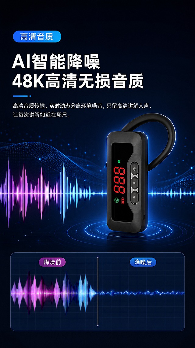 [商品] 使用【图2】夹耳式接收器；保留黑色机身、红色数字显示屏、挂耳结构、音量按键；产品结构、比例、颜色完全保真。
[画面] 目标：第3屏，高清音质与智能降噪技术展示，暗色系科技页（第1屏暗色）。构图：左文右图，左侧文案区，右侧产品+降噪波形可视化。主体：右侧悬浮展示接收器，下方配降噪前后波形对比图，产品占画面约40%。阅读动线：从左上标题到右侧产品再到下方波形图。前中后景：前景产品悬浮，中景声波光效，后景深色科技背景带粒子光点。
[视觉] 套系策略：风格=清爽干净科技商业风（本页为暗色科技变体）；标题字=现代无衬线粗黑体；正文字=简洁无衬线体；主色=深蓝到藏青渐变暗背景；背景延展=基于深蓝黑做科技粒子、光点网格和渐变光晕；强调色=亮蓝渐变色（用于波形高亮、图标和技术标签）；标题色=纯白色；正文色=浅灰蓝；组件=圆角深色信息卡、发光线条、波形图；光影=产品正面柔光+蓝色轮廓光，科技感光效。
[文字] 顶部亮蓝渐变胶囊标签"高清音质"；主标题两行"AI智能降噪\n48K高清无损音质"；副标题"高清音质传输，实时动态分离环境噪音，只留高清讲解人声，让每次讲解如近在咫尺。"；底部波形对比区，左侧紫粉色标"降噪前"，右侧亮蓝色标"降噪后"，波形曲线对比明显。文字全部横向排版。
[规格] 图片比例9:16竖版，分辨率4K，质量medium。避免变形、错字、文字过小、产品结构改变、纯黑死背景、竖排文字。
