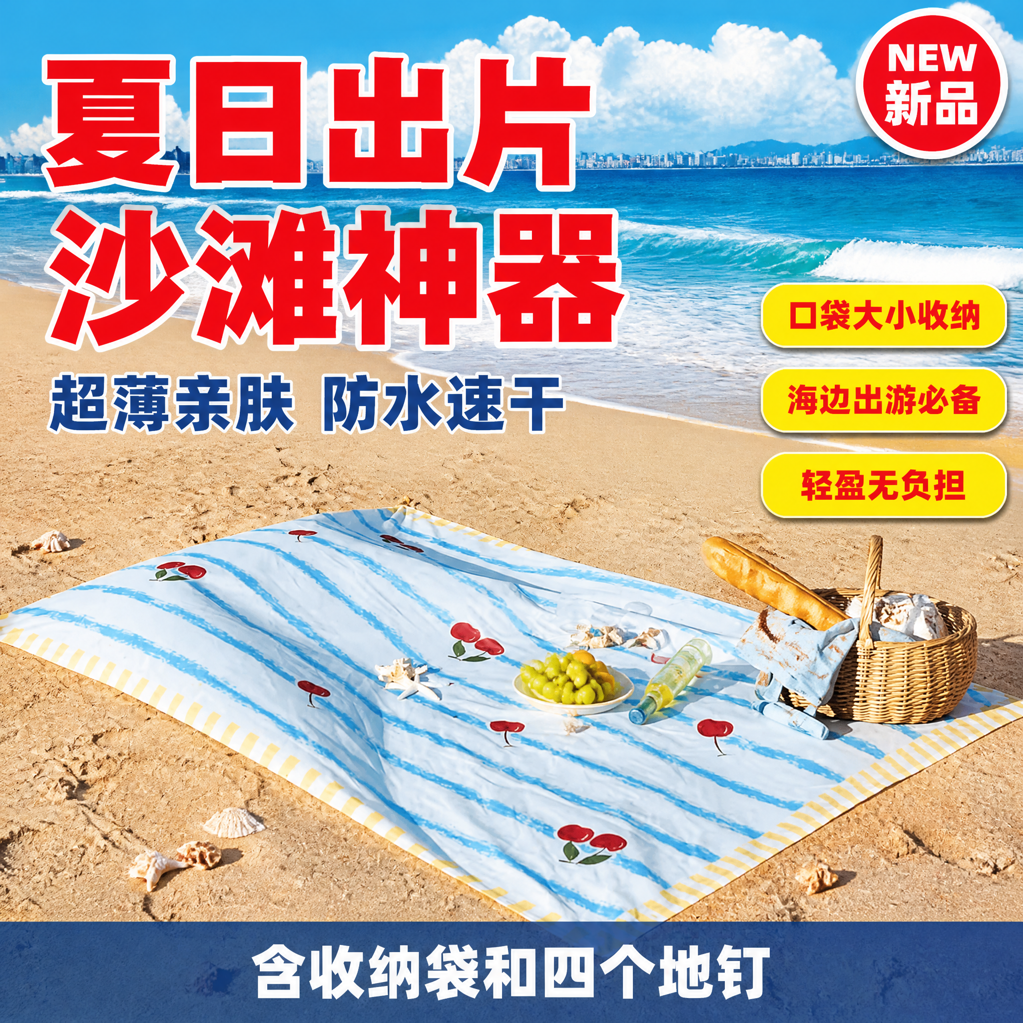 [单张主图] 樱桃条纹沙滩垫 时尚杂志风爆款主图 首图目标：一… - 图片创意预览