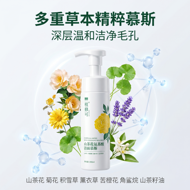 [主图-3] 植修可山茶花氨基酸洁面慕斯成分展示主图，产品居中展示，核心草本成分围绕产品分布，搭配科技分子元素。[氛围风格] 专业成分科技风，天然与科技结合质感[画质] 商业摄影质感、光线柔和通透、产预览效果