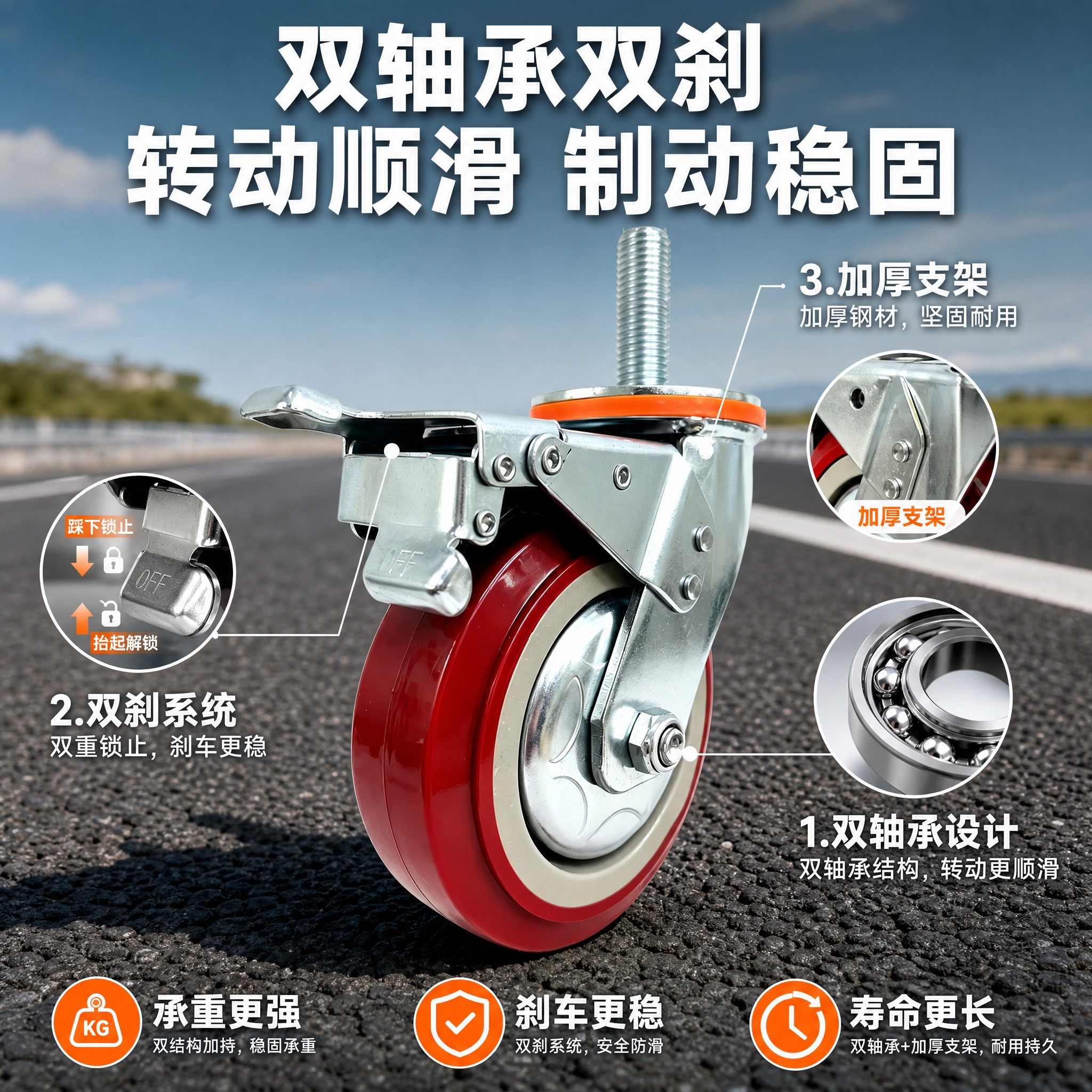 [主图-2] 双轴承双刹结构卖点图，公路背景风格，淘宝1:1主… - 图片创意预览