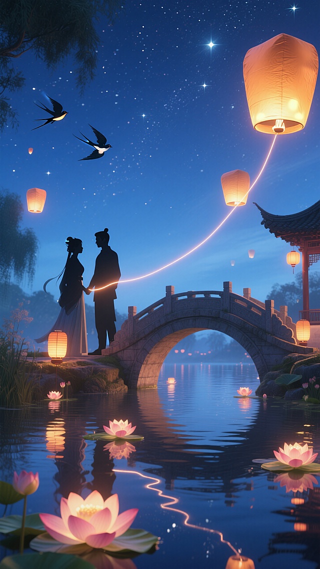 七夕，梦幻浪漫的中式插画，剪影情侣在桥畔，灯笼与莲花映衬，古典超现实主义风格。