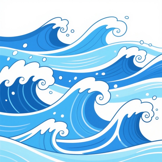 白色背景下的卡通风格海浪插画，画面中呈现出多道蓝色波浪，海浪形态动感十足，浪花边缘为白色且带有卷曲的细节，波浪由深蓝到浅蓝渐变，富有层次感，整体色彩清新明快，营造出海洋的活力与灵动氛围。预览效果