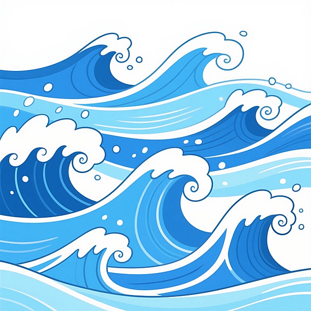 白色背景下的卡通风格海浪插画，画面中呈现出多道蓝色波浪，海浪形态动感十足，浪花边缘为白色且带有卷曲的细节，波浪由深蓝到浅蓝渐变，富有层次感，整体色彩清新明快，营造出海洋的活力与灵动氛围。