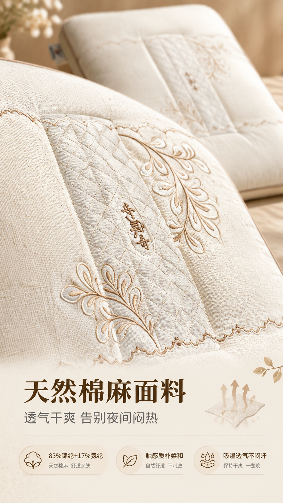 [商品] 使用【图1】棉麻决明子枕芯；保留枕芯整体结构、米白色… - 图片创意预览