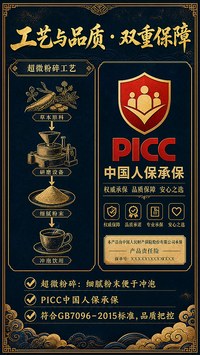 [第4屏] 工艺与品质 · 双重保障。
双栏复古排版，深蓝底金肌理，左侧国风线条超微粉碎工艺示意图，右侧清晰展示PICC承保标识。文案：工艺与品质 · 双重保障 ✔超微粉碎：细腻粉末便于冲泡 ✔PICC中国人保承保 ✔符合GB7096-2015标准，品质把控。通栏书法标题，左右分栏文字清晰，风格统一。9:16，4K。负向：标识模糊，文字乱。