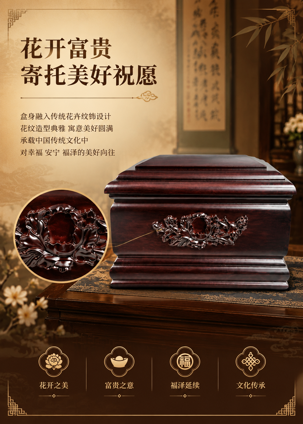 [商品] 使用【图5】花开富贵摘亚木实木骨灰盒正面雕花图；保留… - 图片创意预览