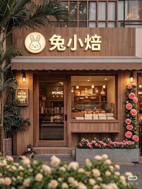 将招牌左侧的小熊头logo修改为兔子头logo，保持圆形轮廓、米白色底色和浅棕色线条风格不变，整体配色和发光效果保持一致，其余内容不变预览效果