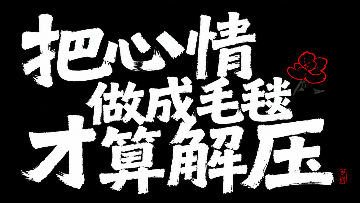 保留原设计风格，黑色背景，白色粗毛笔书法字体，保留右上角红色小花装饰和右下角小红色印章元素，将原文字替换为：把心情做成毛毯，才算解压，保持字体排版和整体构图不变预览效果