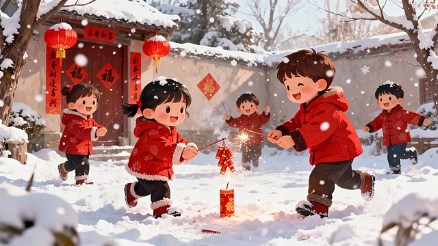 生成新年氛围，喜庆的，小孩子住雪地上放鞭炮的图片