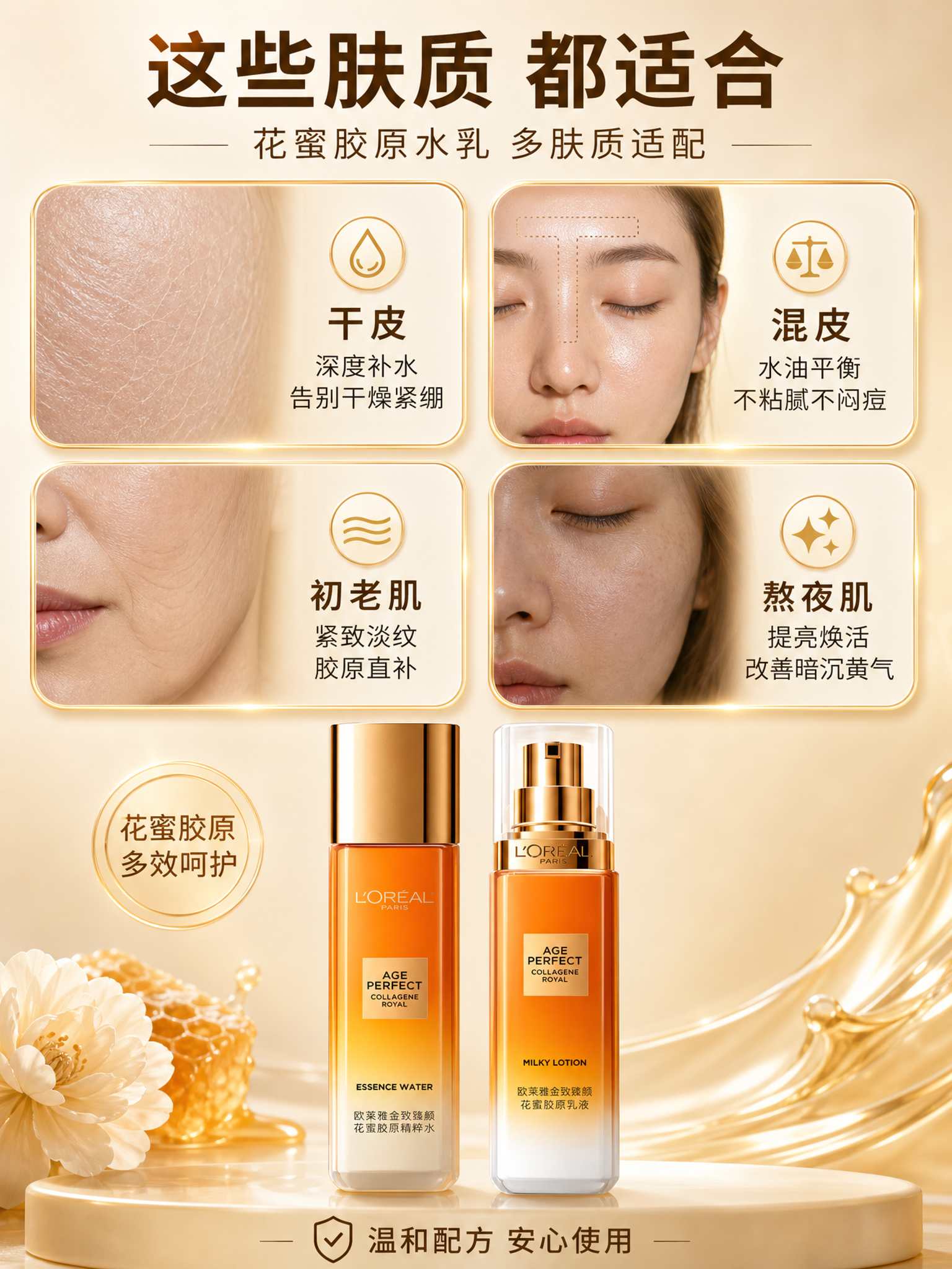 [商品] 使用【图1】欧莱雅金致臻颜花蜜胶原水乳套装；保留两瓶… - 图片创意预览