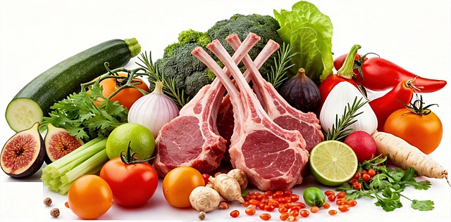替换为新鲜羊排肉，搭配西葫芦、洋葱、青柠、无花果、迷迭香等新鲜蔬果香草，写实风格，白色背景，食材摆放精致，凸显新鲜品质