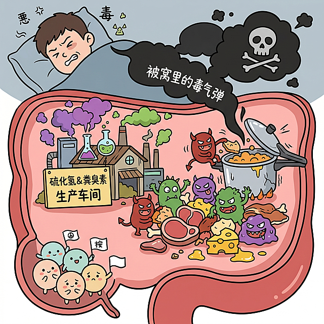 比例1:1，画面中央是剖面图式的肠道，肠道里分成两派：左边是好菌：可爱的圆形益生菌，举着小白旗，一脸无奈被挤到角落；右边是坏菌：画成小恶魔或怪兽形状的有害菌，张牙舞爪，正在疯狂分解蛋白质和脂肪，它们旁边有一个生化实验室，冒着紫色绿色毒烟，挂着牌子："硫化氢 & 粪臭素 生产车间"；肠道里堆着肉块、芝士、油滴等蛋白质脂肪食物残渣；坏菌们把残渣丢进高压锅，锅盖被顶开，喷出一团浓黑带骷髅头的屁云，云上写着"被窝里的毒气弹"；屁云飘到被窝上方，被子被熏出毒气符号，睡着的人表情痛苦但还没醒；简约卡通科普风格，构图饱满，干净清晰，搞笑有趣