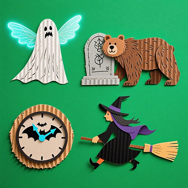4 个万圣节元素，上下两行整齐排列，分别是：长着翅膀的幽灵、一只棕熊倚靠在墓碑旁、蝙蝠形状的钟表、女巫骑着扫帚，绿色背景