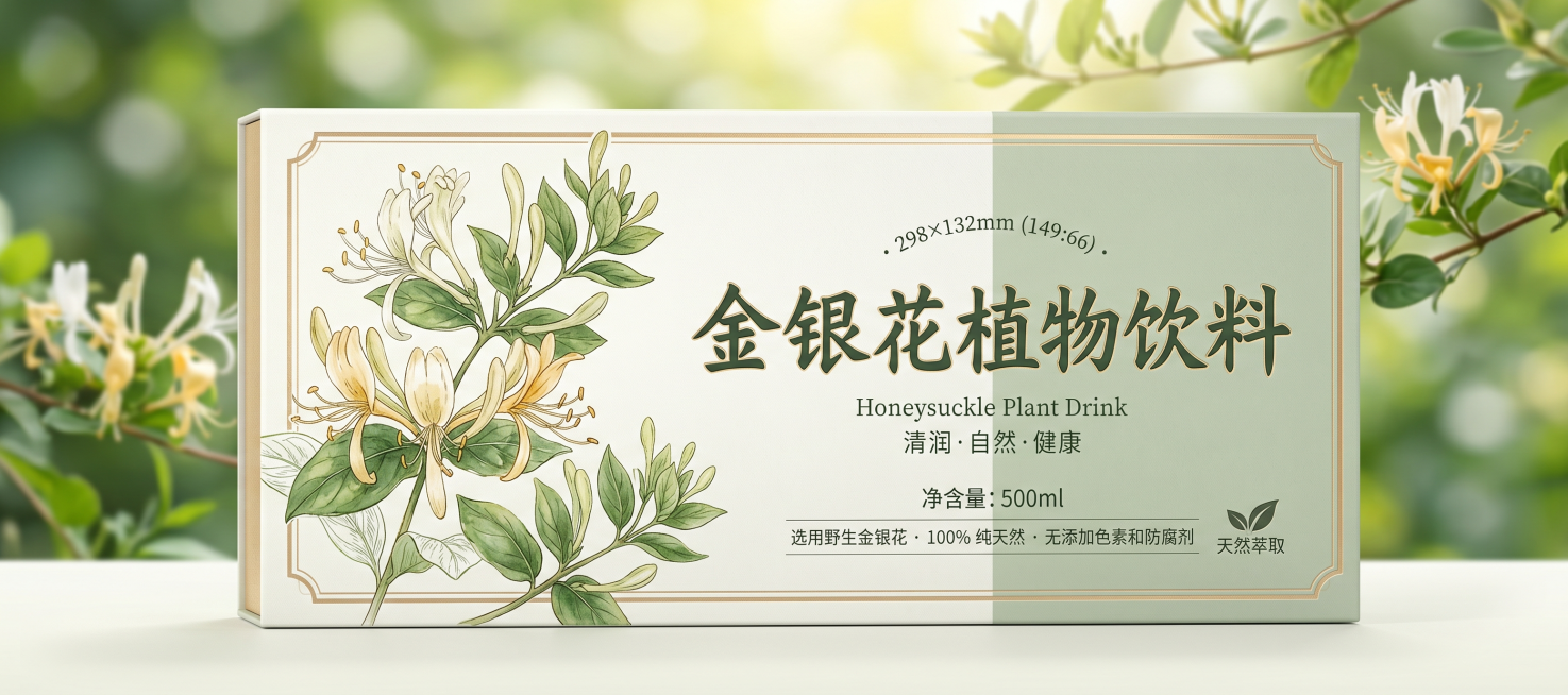 设计一款高端金银花植物饮料包装，横向排版，尺寸比例为298:132mm，包装上清晰显示品名"金银花植物饮料"，整体风格简约大气，高端质感，清新自然的植物色调搭配预览效果