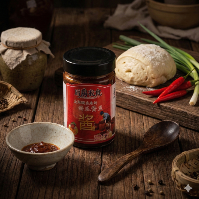 以这瓶后房农食西瓜酱豆为主体，瓶身标签文字细节完全保留不做修改，放置在深棕色旧木板木纹桌面上，搭配木勺、瓷碗、馒头、新鲜辣椒、小葱作为微暗复古道具，采用暖光侧光的暗调光线，营造家常、手工、传统老味道的预览效果
