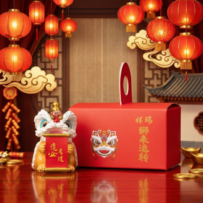 保留原图中的醒狮摆件和红色礼盒主体，将背景替换为喜庆的新春中式背景，有红色灯笼、金色祥云元素，氛围热闹红火，突出主体物品预览效果