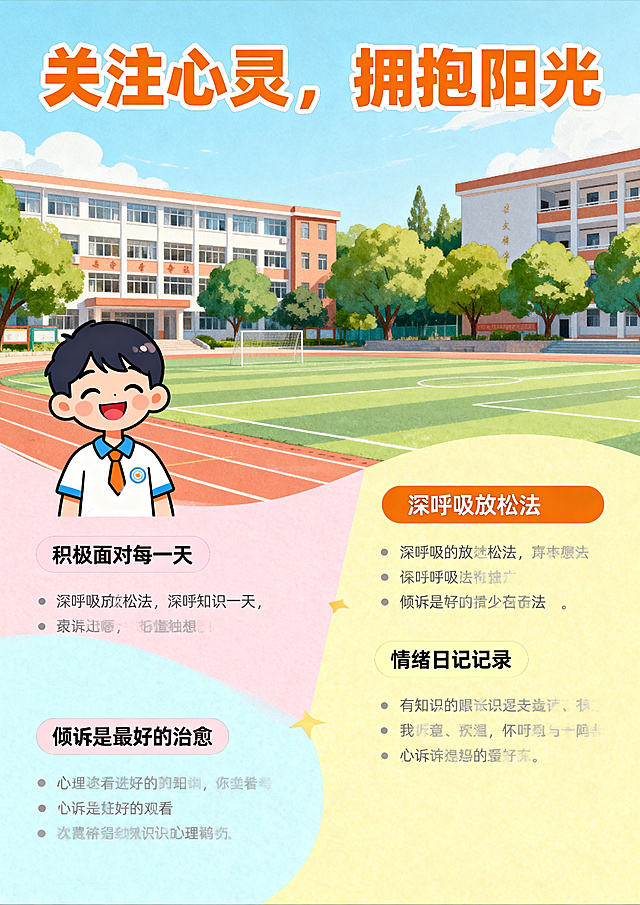 A3尺寸中小学生心理健康知识科普海报，主标题"关注心灵，拥抱阳光"，包含校园背景、治愈插图，融入心理小知识标语，风格青春活力，配色清新温暖，文字简洁醒目，科普情绪调节内容，适合青少年观看