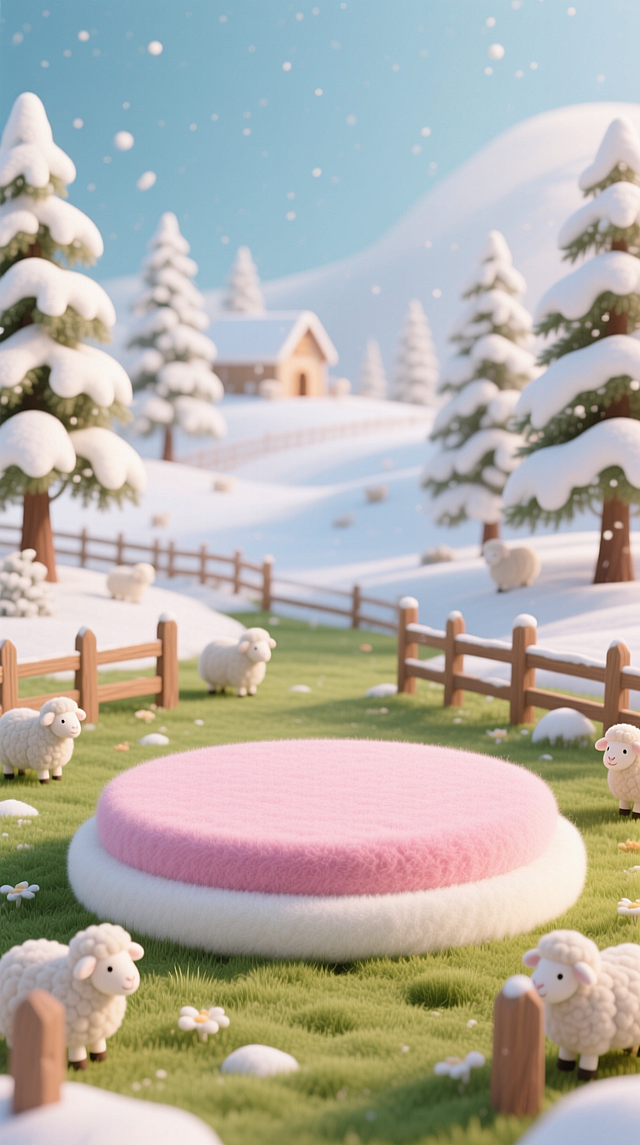 3D 虚拟自然环境，主体是圆形羊毛毡展台，粉白渐变。背景是童话雪牧场，矮松覆雪，绵羊玩偶散落，木栅栏围起草地，奶白 + 浅棕配色，软萌明亮。
