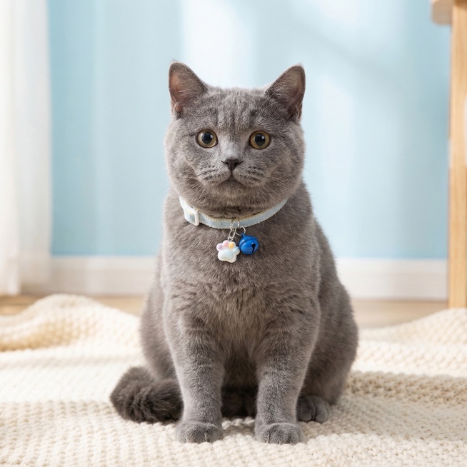 图生图，基于提供的蓝黄拼色带彩色猫爪吊饰和蓝色铃铛的宠物项圈，生成1:1宠物OOTD主图，英短蓝猫佩戴这款项圈，坐在奶白色针织地毯上，背景是柔和的浅蓝墙面，项圈清晰突出，画面明亮治愈，突出项圈的可爱设预览效果