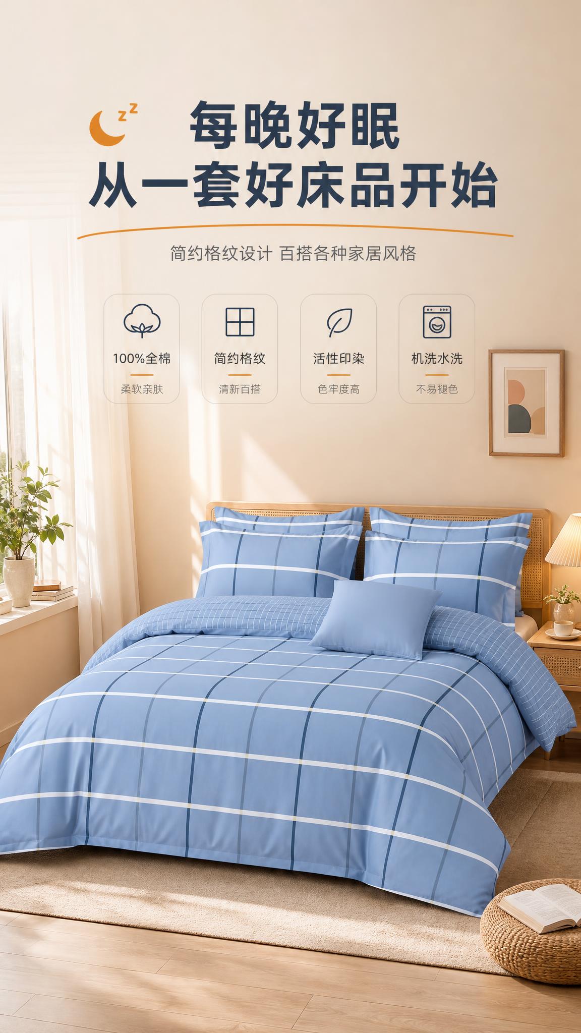 [商品] 使用【图1】格鲁特全棉三件套（蓝色格纹款）；商品处理… - 图片创意预览