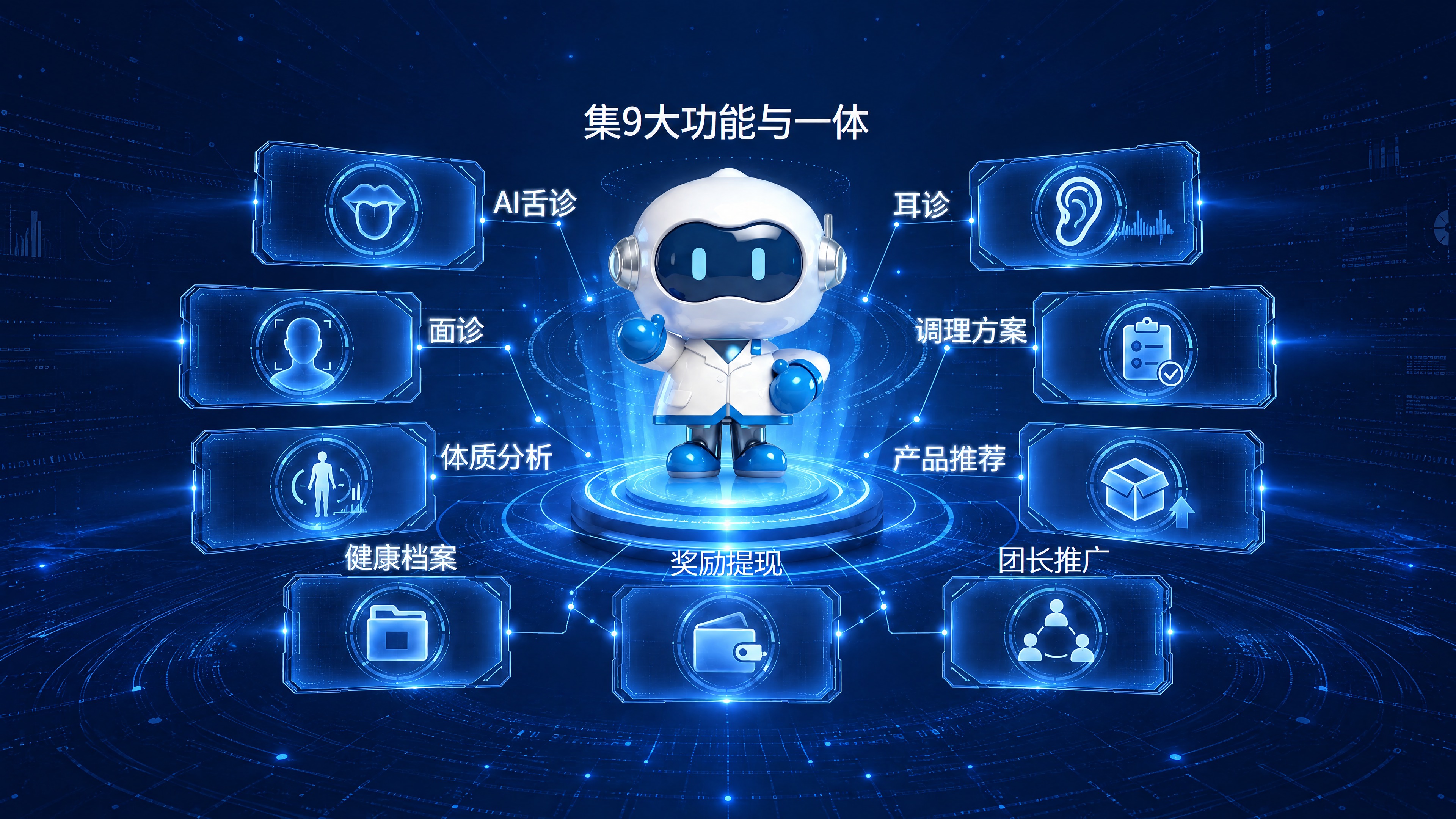 保持画面所有内容完全不变，包括中央的白色机器人、9个功能图标及… - 图片创意预览