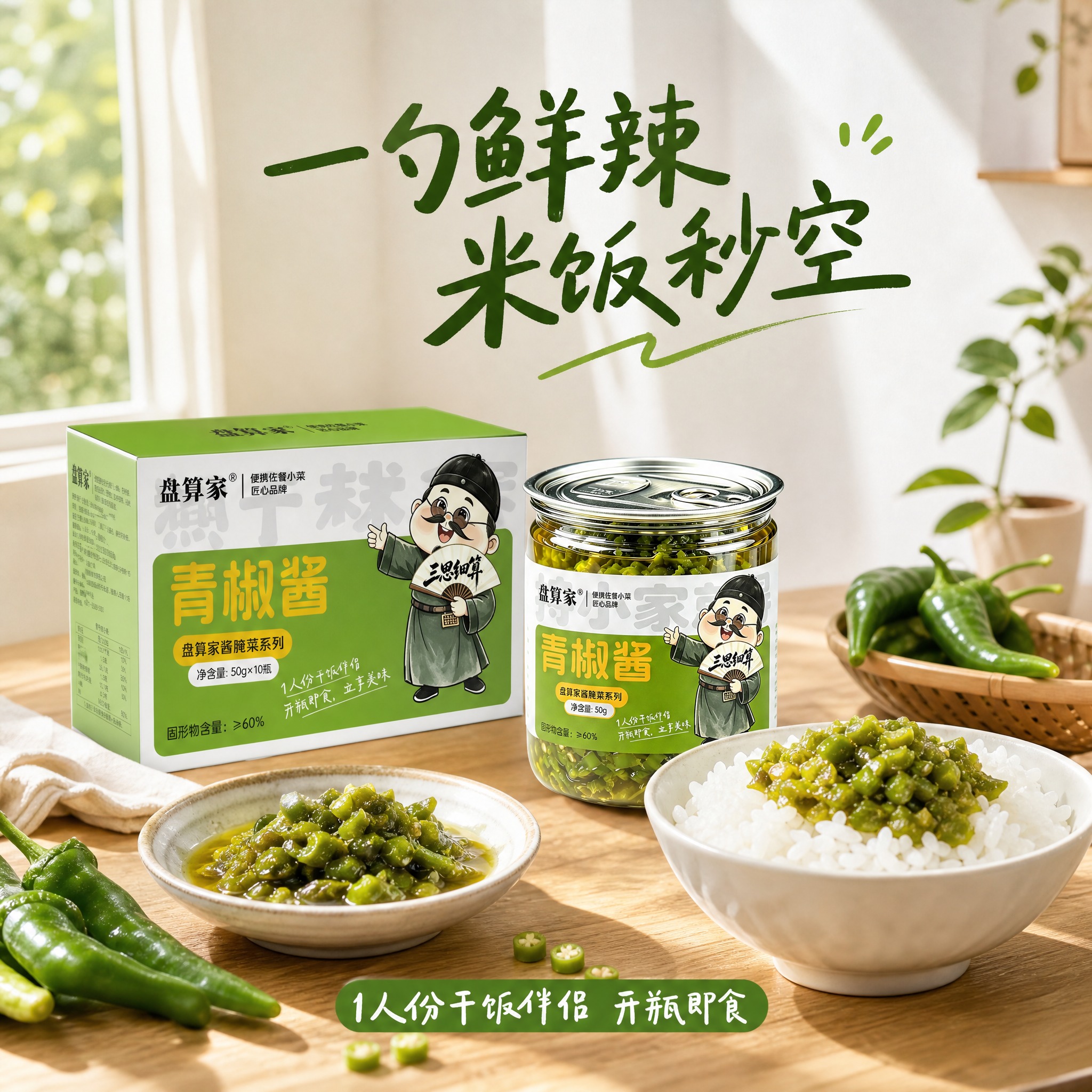 抖音电商主图第3张，正方形1:1，青椒酱场景图。年轻化的清新厨… - 图片创意预览