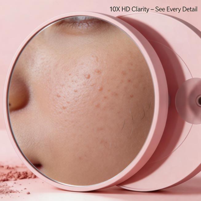 Detail close-up image: extreme macro view of the bean-pink magnifying mirror surface reflecting a cl预览效果