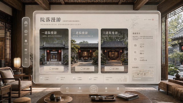 北京四合院VR沉浸式项目院落漫游页面高保真设计，延续首页的新中式国风设计风格，整体保持古朴优雅的质感，设置一进院漫游、二进院漫游、三进院漫游三个核心入口，保留沉浸式交互布局，界面融入中式木质和磨砂玻璃质感，4K超清分辨率，UI设计层次清晰，符合高端VR体验网站的设计规范，参考首页的交互导航结构