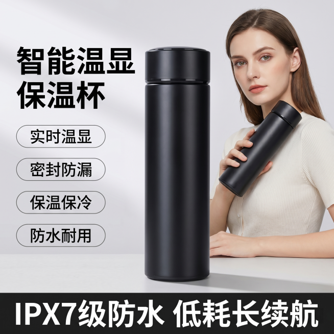[单张主图] 智能温显保温杯，爆款促销感主图，兼具点击转化，清晰展示产品核心卖点。
[画面主体] 黑色哑光智能温显保温杯居中放置，产品占画面约60%。一位欧美女性模特站在产品右侧，手持产品展示，妆容精预览效果
