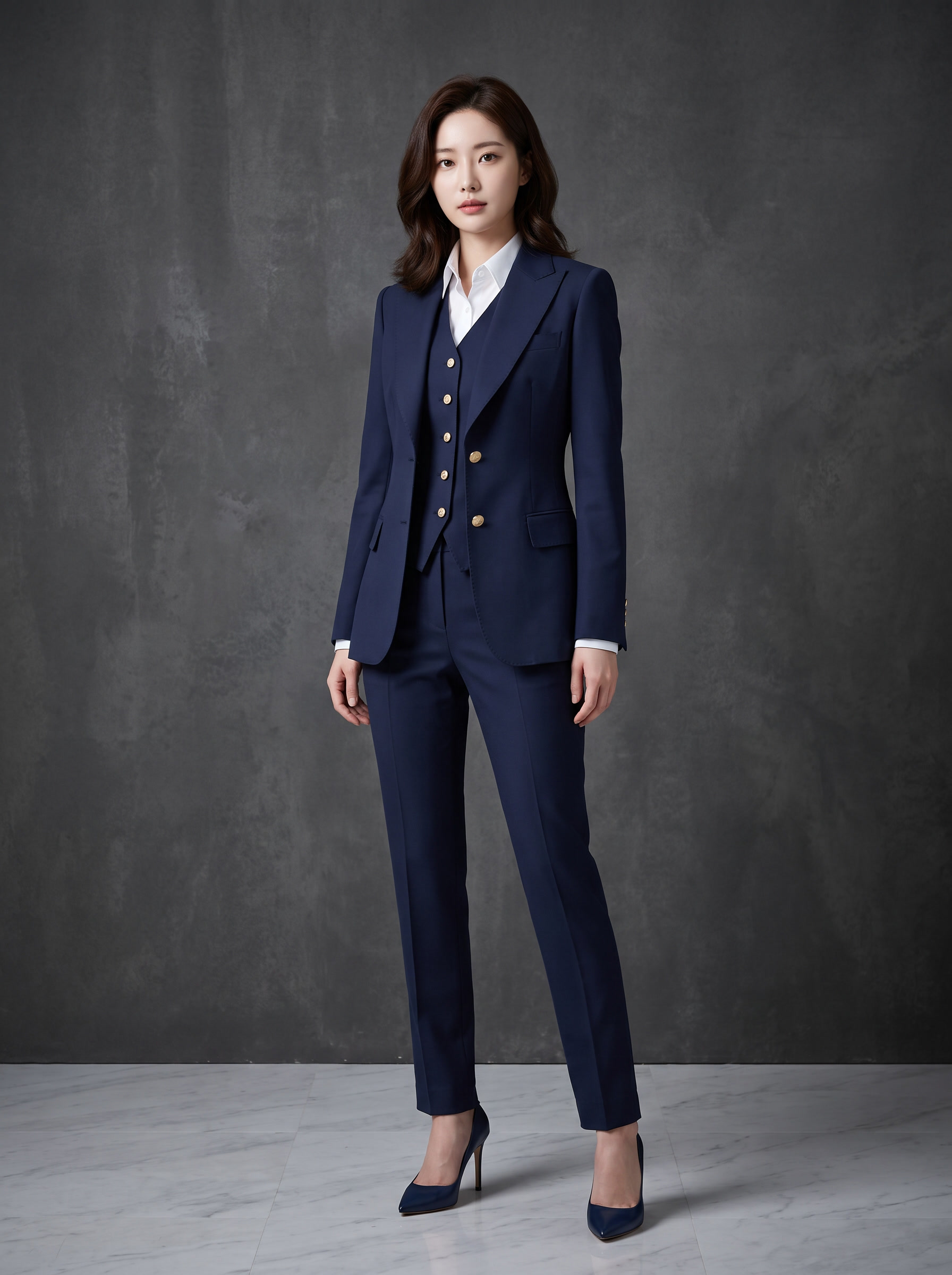 将参考图中的女士藏青色西服三件套穿到一位25岁左右的东亚女性模… - 图片创意预览