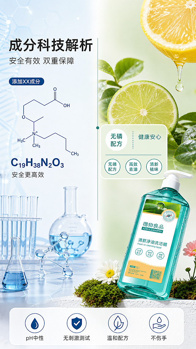 [第4屏] 成分科技解析页——安全有效双重保障。[氛围/风格] 实验室+自然融合风, 左侧科技感线条图，右侧生活化原料特写，整体专业不失亲和。[元素布局] 左侧：分子结构简图（椰油酰胺丙基甜菜碱化学式C19H38N2O3）+‘添加XX成分’说明；中部竖线分隔；右侧：放大【图2】瓶身标签‘无磷配方’‘健康安心’区域，叠加柠檬精油微距图（汁液晶莹）、青柠切面纤维纹理；底部横条列‘pH中性’‘无刺激测试’小图标。产品【图2】以45°侧视图置于右下角，突出透明瓶身与液体色泽。[光影质感] 左侧冷调蓝光突出科技感，右侧暖柔光表现天然原料，产品区域保持原图光照一致性。[配色色系] 左侧#E3F2FD（浅蓝）；右侧#E8F5E9（浅绿）；文字#1A1A1A；分子式深蓝#0D47A1。[视角构图] 左右分栏，产品斜置右下作视觉收束。[文字版式] 分子式下方小字注‘安全更高效’；标签放大区保留原字体比例；底部图标组4个，每组2字标签+图标1:1。[比例分辨率] 9:160，4K。[负向提示词] 化学式错误、标签文字篡改、柠檬图失真、产品角度偏差、颜色偏移、虚构成分、多瓶混入。